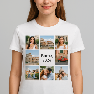 Tricou alb "Amintiri din Vacanta"  personalizat cu 8 fotografii si text