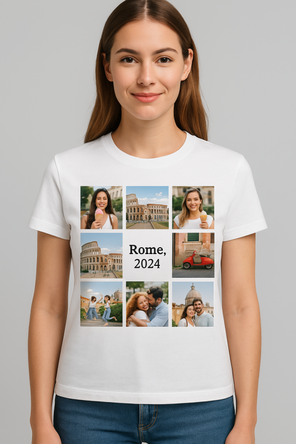 Tricou alb "Amintiri din Vacanta"  personalizat cu 8 fotografii si text