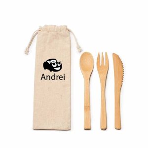 set de tacamuri ecologice cu saculet din bumbac personalizat