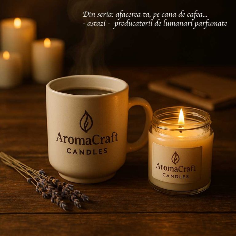 Ceașcă ceramică crem, personalizată cu logo-ul AromaCraft Candles, alături de o lumânare parfumată aprinsă într-un borcan de sticlă, așezate pe o masă rustică de lemn, cu lavandă uscată și lumină caldă în fundal.