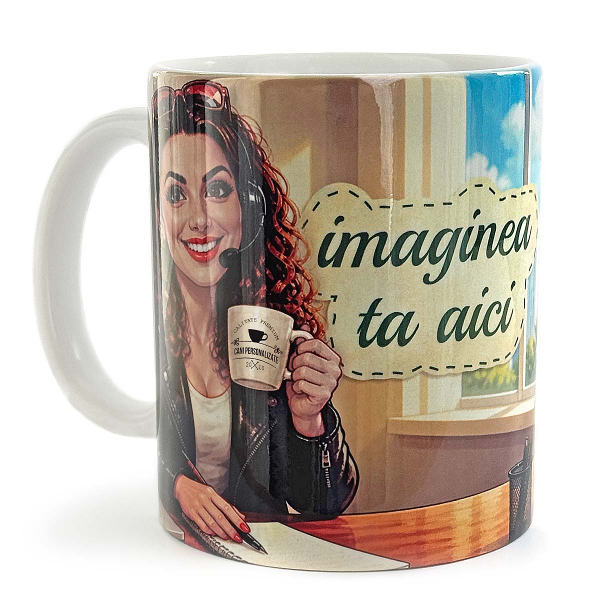 Cana personalizata cu poza, imprimare panoramica pana in marginea canii, exemplu real de produs.