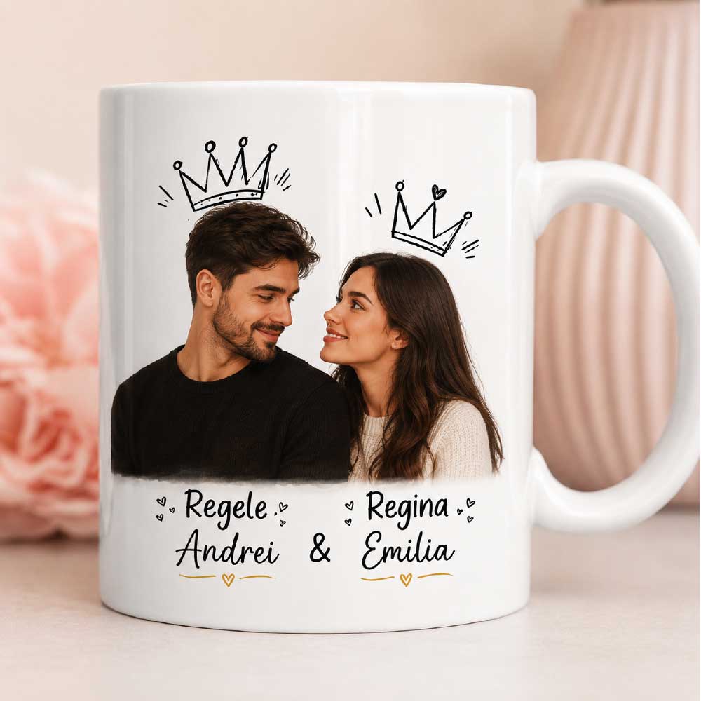 Cana personalizată „Rege & Regina” – cu poză și nume