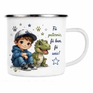 Cană metal pentru baietei - Fii puternic, fii bun, fii unic! -  personalizata cu nume