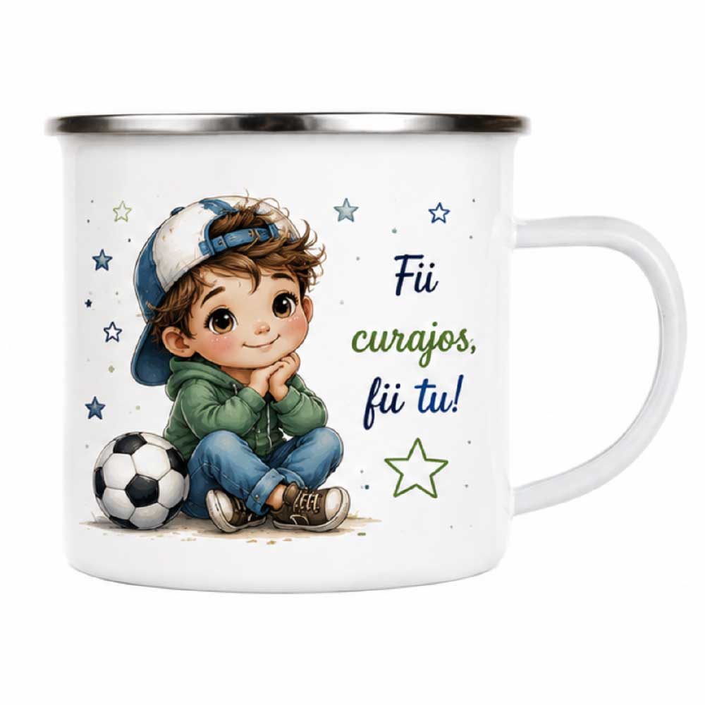 Cană metal pentru baietei - Fii curajos! - personalizata cu nume