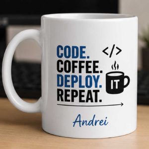 Cană „Code, Coffee...Repeat” - personalizata cu nume