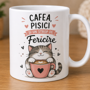 Cana pentru iubitorii de pisici  "Cafea, pisici si un strop de fericire" personalizata cu nume